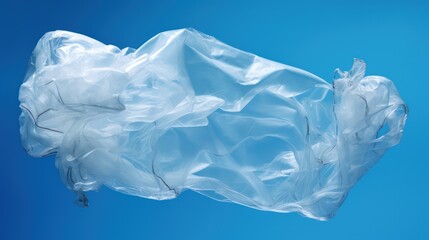 Fototapeta premium Transparent Plastic Film Floating Gracefully in Mid-Air Against a Bright Blue Background, Ideal for Environmental Themes and Creative Projects