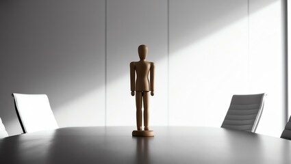 Fototapeta premium A wooden mannequin stands alone on a conference table, surrounded by modern chairs, illuminated by soft natural light.