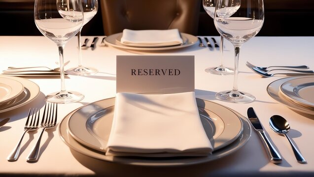 Elegant dining table set with reserved sign, fine tableware, and glasses for a formal meal or event.