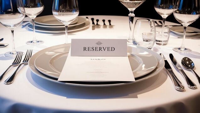 Elegant dining table setup with reserved sign, fine china, glassware, and cutlery, creating a luxurious atmosphere.
