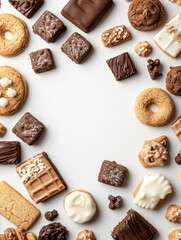 Fototapeta premium Delicious variety of cookies and sweets spread out on a clean white background, perfect for highlighting your message or ideas. Generative AI