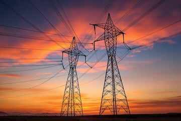 Silhouetted Power Transmission Towers Against a Vibrant Sunset Sky