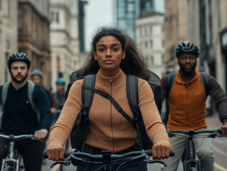 Cyclists riding through a busy city street