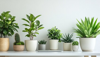 Fototapeta premium A Collection of Lush Green Indoor Plants in Elegant Pots Arranged on a White Shelf Against a Minimalist White Wall Background