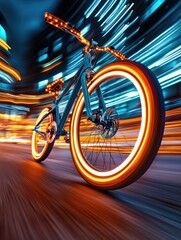 Fototapeta premium Futuristic Bicycle with Glowing Wheels in Motion on a Vibrant City Street at Night