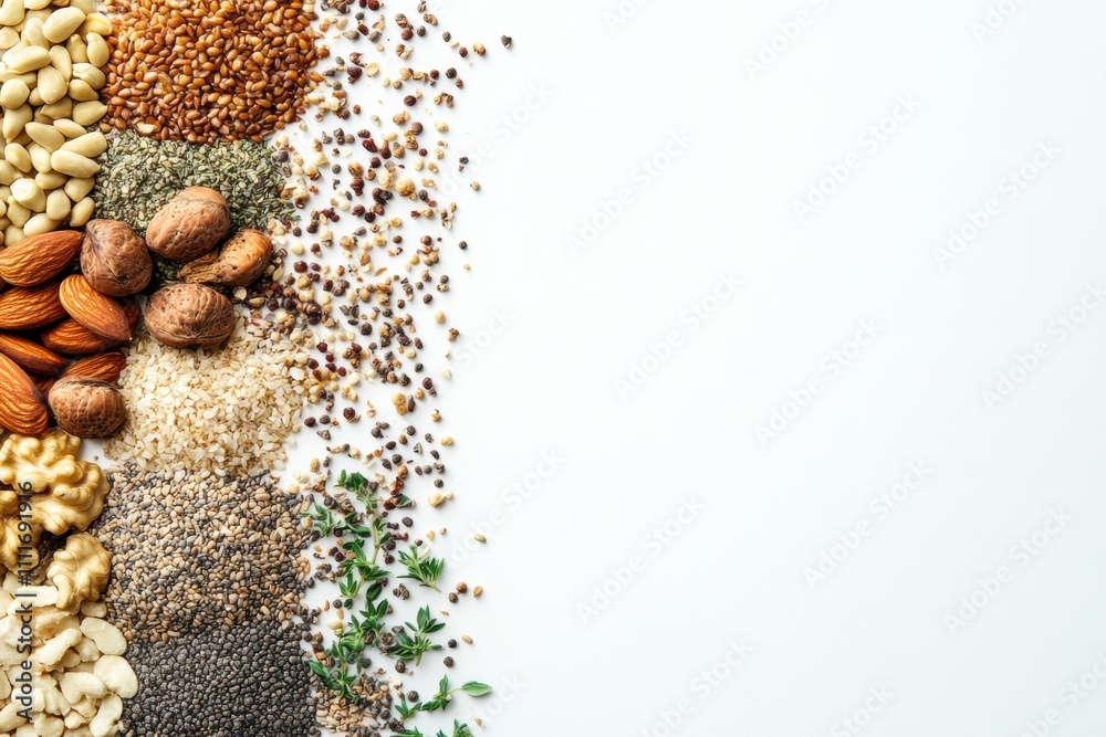 Poster an assortment of organic seeds, nuts, and herbs is displayed on a white backdrop, offering blank spa