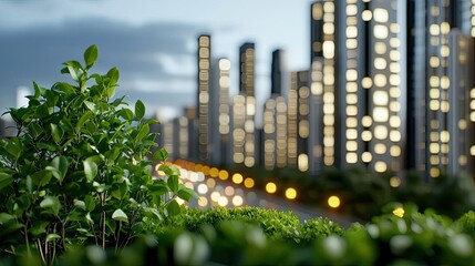 Urban greenery blending with a modern city skyline at dusk.