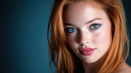 Naklejka premium Stunning Portrait of a Young Woman with Red Hair and Blue Eyes Against a Soft Blue Background