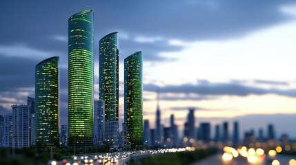 Obraz premium Modern skyscrapers with green accents against a twilight city skyline.