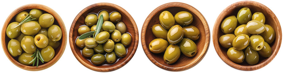 A wooden bowl filled with green olives in olive oil, top view