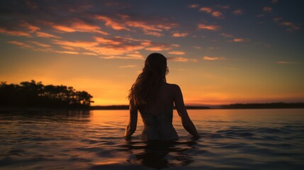 Fototapeta premium Evening Reflections: A Woman in Water at Sunset with Vibrant Colors and Calm Waters, Capturing the Essence of Peace and Tranquility
