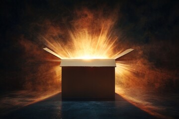 A cardboard box opening with rays of light shining out, creating an enchanting and magical atmosphere. 