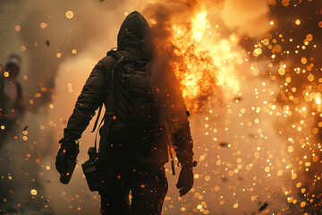 Fototapeta premium Burning fire, Molotov, protest of aggressive people in smoke, armed in mask at night. Burning cars, police with weapons.