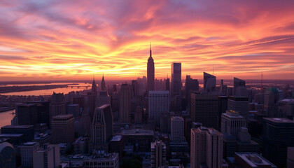 Fototapeta premium Sunset over urban skyline with skyscrapers, cityscape theme