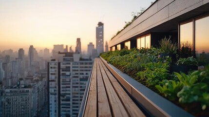 Naklejka premium Rooftop garden with lush plants overlooking a city skyline during sunset.