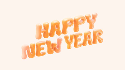 3D render Happy New Year 2025 text bubble gold glossy glass effect