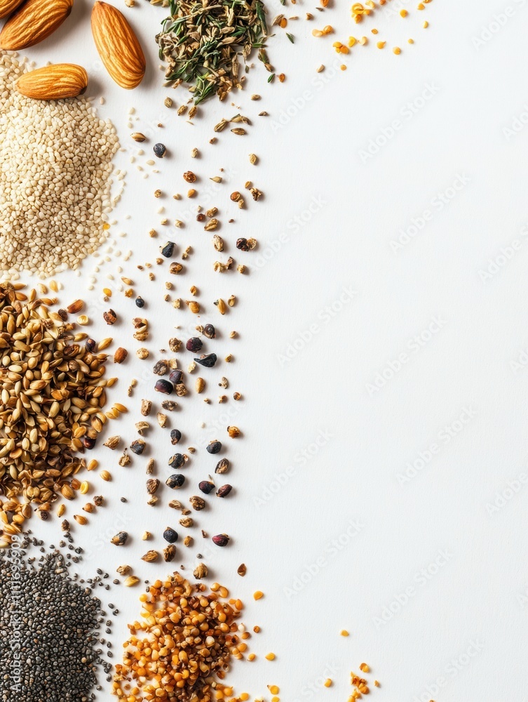 Poster seeds, nuts, and herbs are neatly laid out on a white background, creating an inviting space for tex