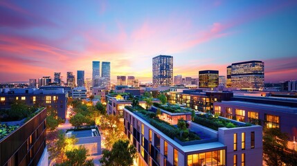 Naklejka premium Modern city skyline during sunset with colorful clouds and urban greenery.