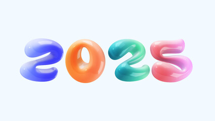 3D render Happy New Year 2025 text colorful bubble glossy glass effect
