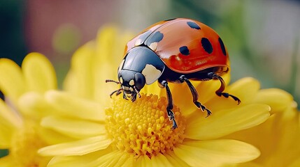 Fototapeta premium Close-Up of a Vibrant Ladybug on a Yellow Flower in a Sunlit Garden Capturing Nature's Beauty and Detail
