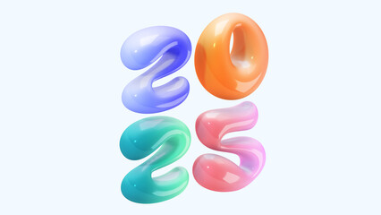 3D render Happy New Year 2025 text colorful bubble glossy glass effect