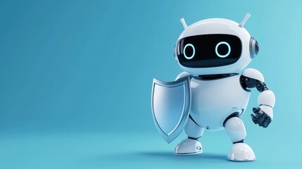 Fototapeta premium 3D Rendering of Cute Robot Character Holding Shield on Blue Background