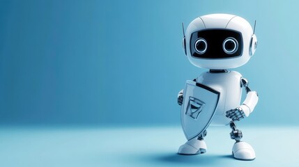 3D Rendering of Cute Robot Character Holding Shield on Blue Background