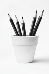 A white pot with pencils inside, black and white illustration, isolated white background, minimalist style, simple design.