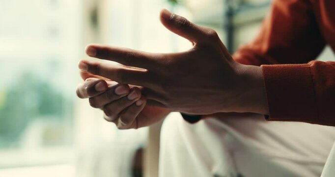 Thinking, fear and sofa with hands of person for Psychology decision, mental health and stress. Waiting, frustrated and reflection with closeup of fingers at home for mistake, crisis and memory