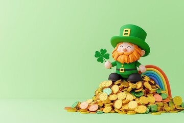 Joyful Leprechaun Figurine Holding a Shamrock Surrounded by Gold Coins and Rainbow