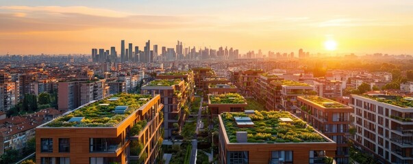 Fototapeta premium Modern urban skyline at sunset with green rooftops and cityscape view.