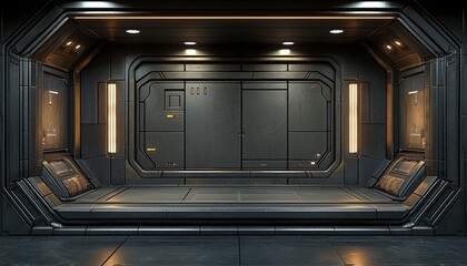 Futuristic Spaceship Interior Room Design Showing Metal Walls And Lights