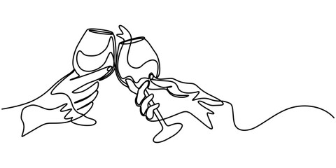 Hand drawn hands hold wine clinking glasses one line art,continuous drawing contour, Glass bottle with wine,port, alcohol. wine glass, continuous single line art drawing sketch, logo, hand with wine.