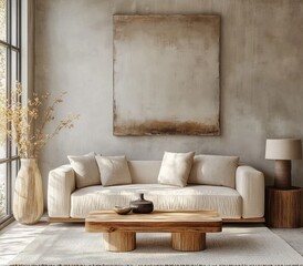 A modern living room with a beige linen sofa, a wooden coffee table, and an abstract painting on the wall