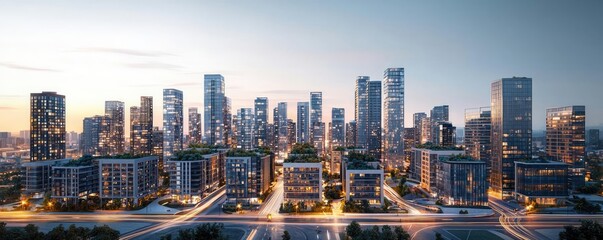 Naklejka premium Modern city skyline with tall buildings at sunset, showcasing urban architecture.