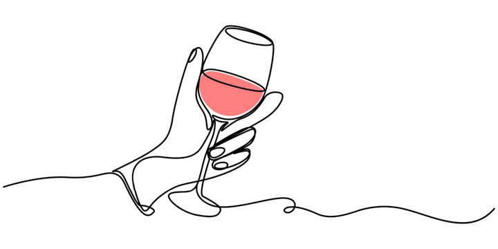 recommend clip art: Hand drawn hands hold wine clinking glasses one line art,continuous drawing contour, Glass bottle with wine,port, alcohol. wine glass, continuous single line art drawing sketch, logo, hand with wine.