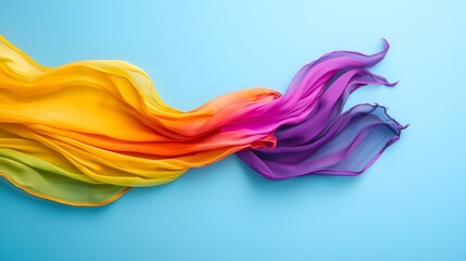 Flowing fabrics in rainbow colors, gentle breeze, against blue background