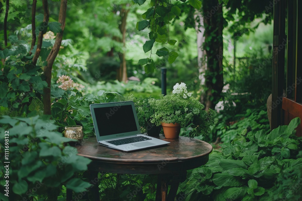 Poster a tranquil outdoor workspace with a laptop on a small table surrounded by lush greenery