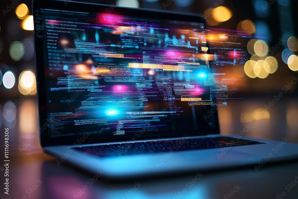 Poster a virtual meeting displayed on a laptop screen, with a colorful, blurred background behind the perso