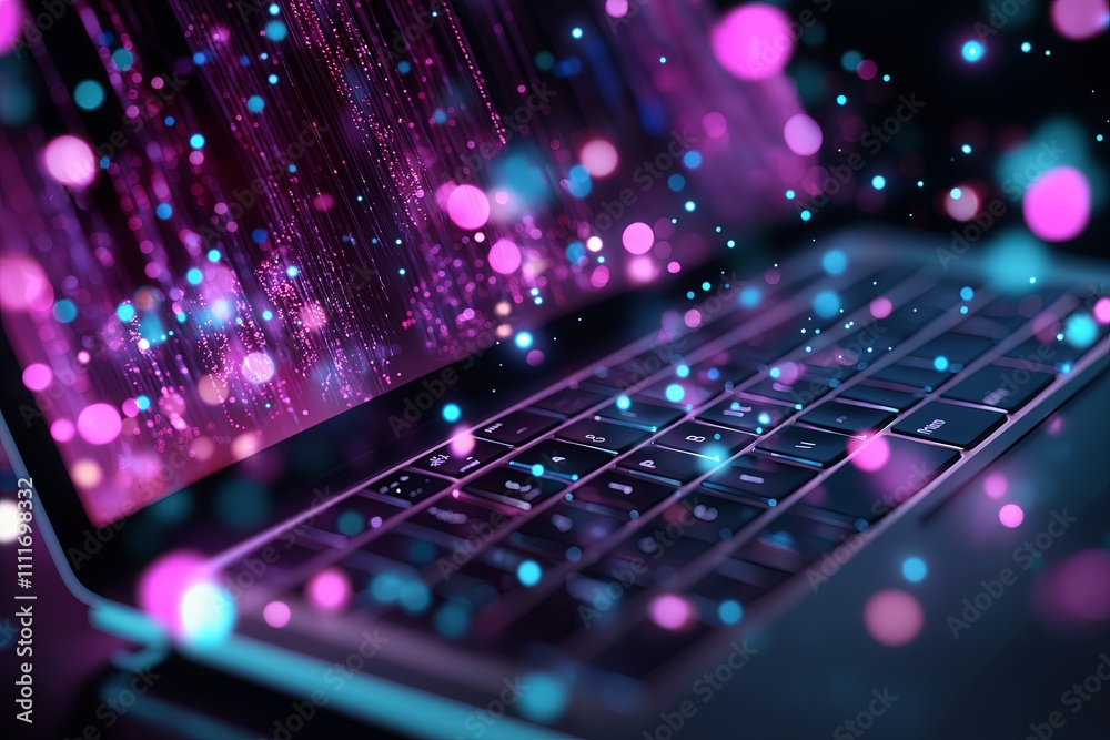 Aufkleber a virtual meeting displayed on a laptop screen, with a colorful, blurred background behind the perso