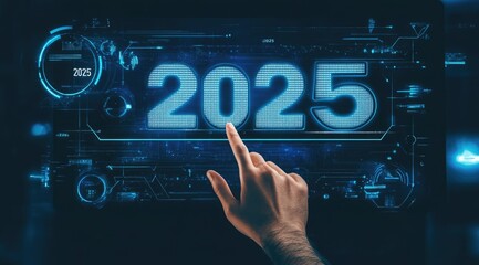 Pressing the Loading Button with "2025" Text on a Futuristic Digital Screen, New Year Concept with Glowing Blue Numbers