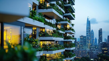 Obraz premium Modern building with greenery, urban setting, evening lights reflecting on glass windows.