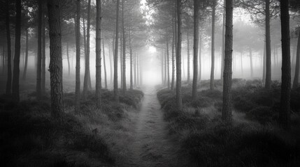 A Misty Forest Path Through Tall Pine Trees