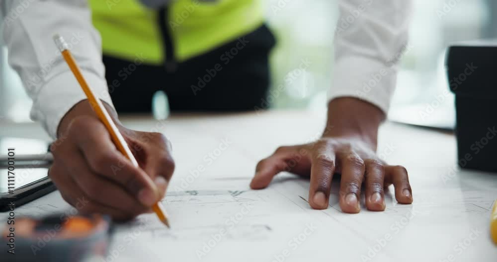 Aufkleber hands, architect and blueprint with drawing in office, design and paper for construction at company.