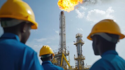 Fototapeta premium Photo of Engineers Watching Gas Flame from Oil Platform, Wearing Safety Gear, Blue Sky and Clouds Background