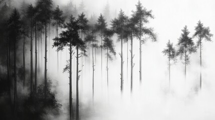 Fototapeta premium A Black and White Ink Painting of a Misty Pine Forest