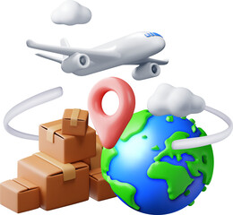 3D delivery airplane, globe and cardboard box