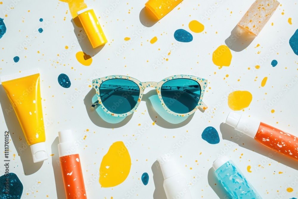 Poster sunglasses and various sunscreen bottles are artistically arranged on a white background, creating a