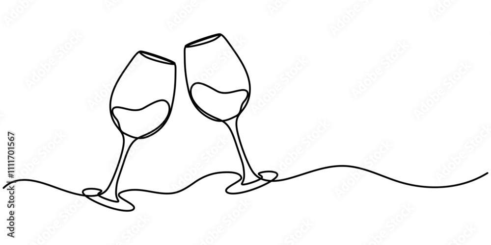 Poster continuous one line drawing of two glasses of red wine, two glasses of red wine in continuous one li