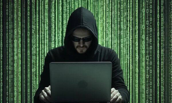 Cybersecurity Threat: A hooded figure, shrouded in mystery, intently works on a laptop against a backdrop of cascading green code.
